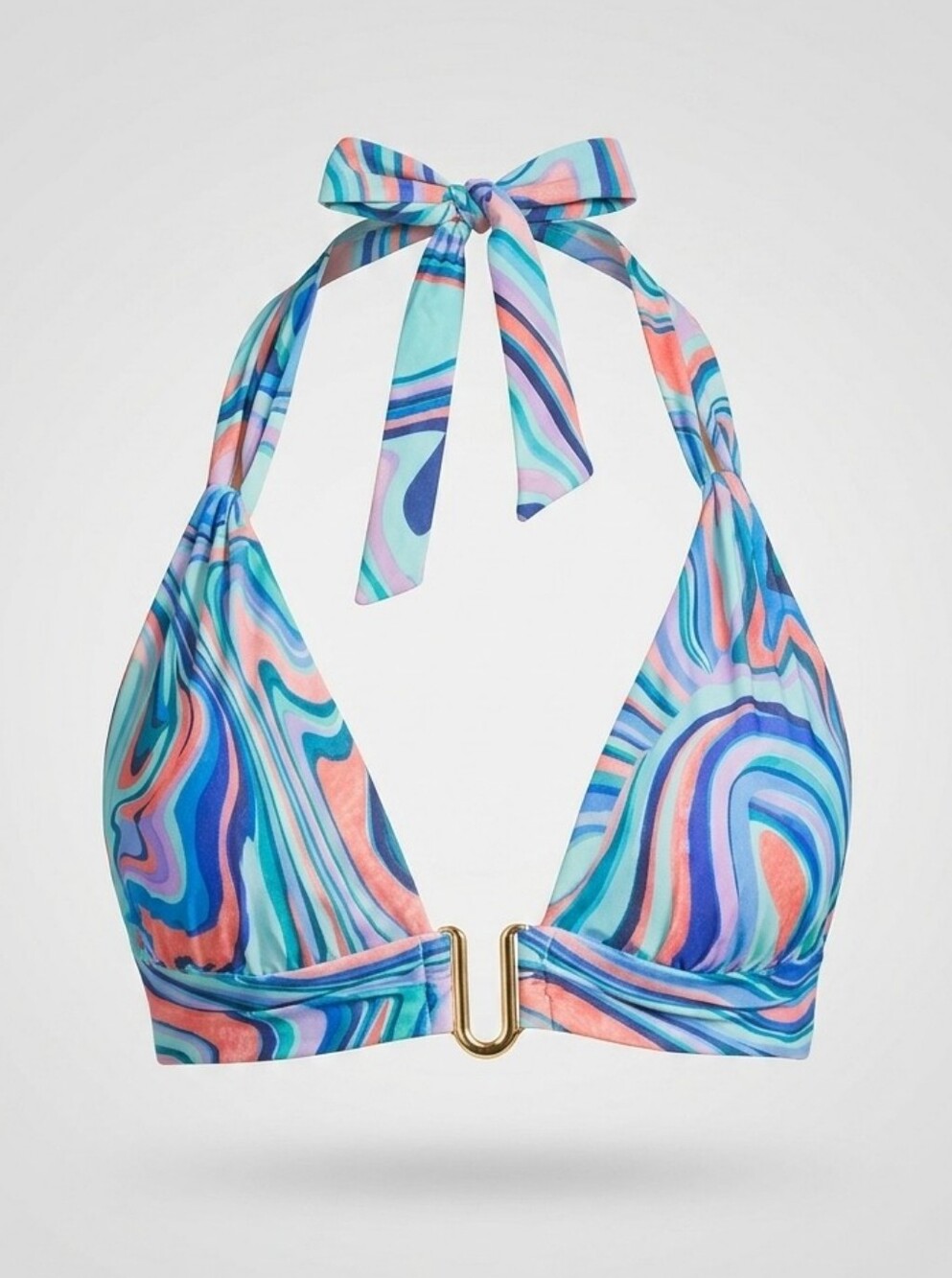 NWT La Blanca Cove Halter Bikini Top 12 Plunge V Neck Swirl Blue Retro 70s Hippy